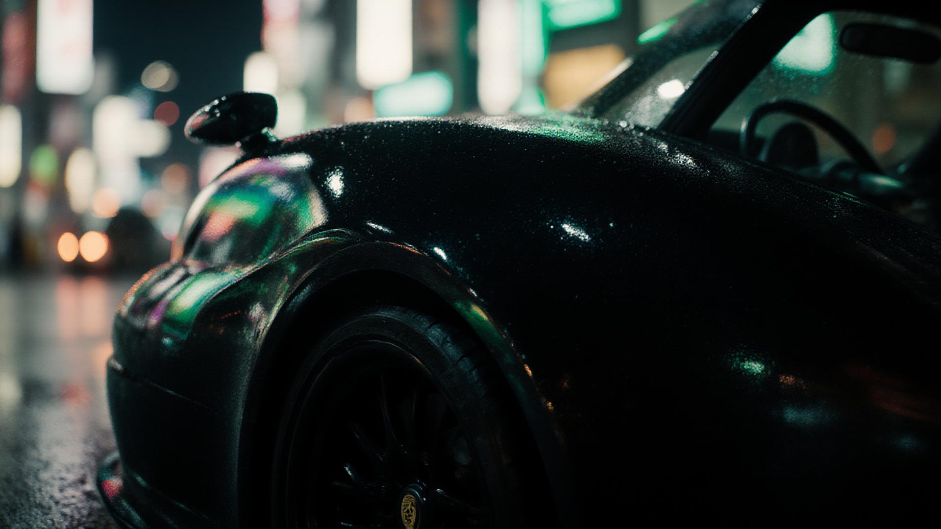 夜の東京を走る濡れた質感のポルシェ911
